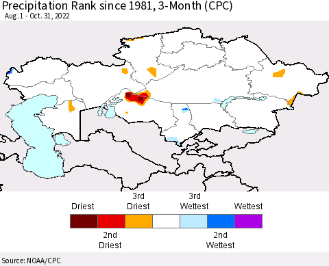 Kazakhstan Precipitation Rank since 1981, 3-Month (CPC) Thematic Map For 8/1/2022 - 10/31/2022