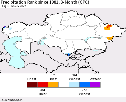 Kazakhstan Precipitation Rank since 1981, 3-Month (CPC) Thematic Map For 8/6/2022 - 11/5/2022