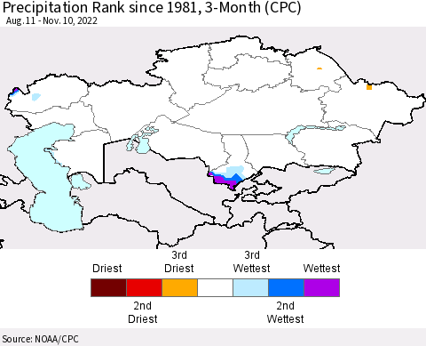 Kazakhstan Precipitation Rank since 1981, 3-Month (CPC) Thematic Map For 8/11/2022 - 11/10/2022