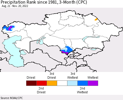 Kazakhstan Precipitation Rank since 1981, 3-Month (CPC) Thematic Map For 8/21/2022 - 11/20/2022