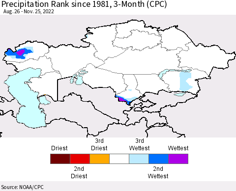 Kazakhstan Precipitation Rank since 1981, 3-Month (CPC) Thematic Map For 8/26/2022 - 11/25/2022