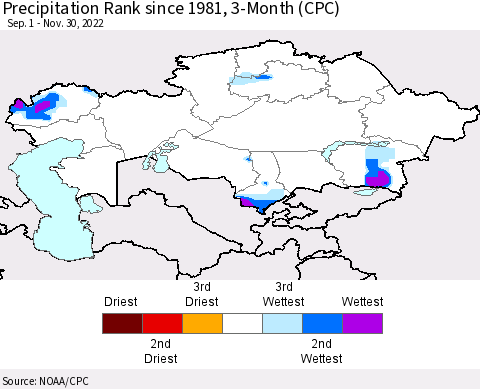 Kazakhstan Precipitation Rank since 1981, 3-Month (CPC) Thematic Map For 9/1/2022 - 11/30/2022