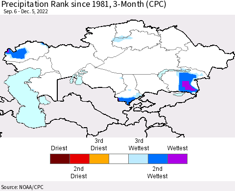 Kazakhstan Precipitation Rank since 1981, 3-Month (CPC) Thematic Map For 9/6/2022 - 12/5/2022
