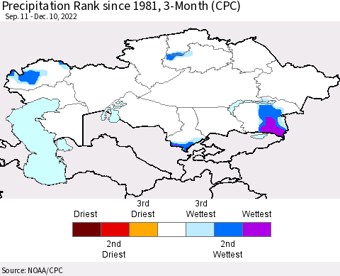 Kazakhstan Precipitation Rank since 1981, 3-Month (CPC) Thematic Map For 9/11/2022 - 12/10/2022