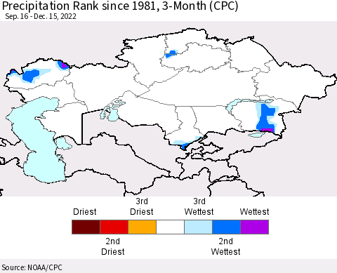 Kazakhstan Precipitation Rank since 1981, 3-Month (CPC) Thematic Map For 9/16/2022 - 12/15/2022
