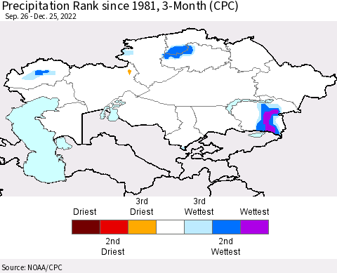 Kazakhstan Precipitation Rank since 1981, 3-Month (CPC) Thematic Map For 9/26/2022 - 12/25/2022