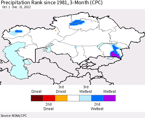 Kazakhstan Precipitation Rank since 1981, 3-Month (CPC) Thematic Map For 10/1/2022 - 12/31/2022