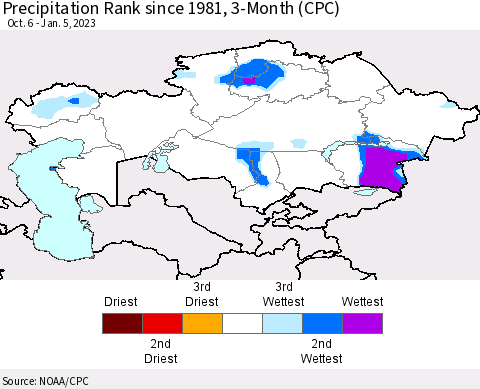 Kazakhstan Precipitation Rank since 1981, 3-Month (CPC) Thematic Map For 10/6/2022 - 1/5/2023