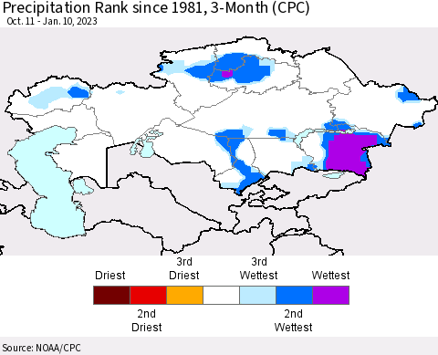 Kazakhstan Precipitation Rank since 1981, 3-Month (CPC) Thematic Map For 10/11/2022 - 1/10/2023