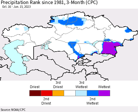 Kazakhstan Precipitation Rank since 1981, 3-Month (CPC) Thematic Map For 10/16/2022 - 1/15/2023
