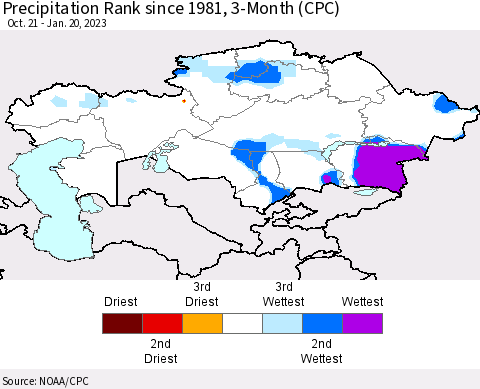 Kazakhstan Precipitation Rank since 1981, 3-Month (CPC) Thematic Map For 10/21/2022 - 1/20/2023