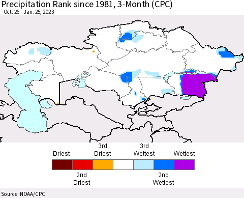 Kazakhstan Precipitation Rank since 1981, 3-Month (CPC) Thematic Map For 10/26/2022 - 1/25/2023