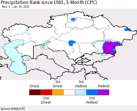 Kazakhstan Precipitation Rank since 1981, 3-Month (CPC) Thematic Map For 11/1/2022 - 1/31/2023