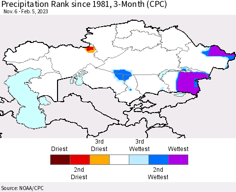 Kazakhstan Precipitation Rank since 1981, 3-Month (CPC) Thematic Map For 11/6/2022 - 2/5/2023