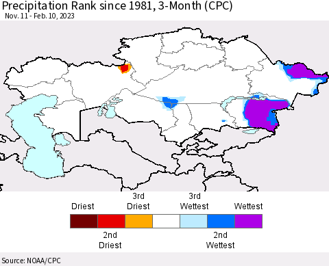Kazakhstan Precipitation Rank since 1981, 3-Month (CPC) Thematic Map For 11/11/2022 - 2/10/2023