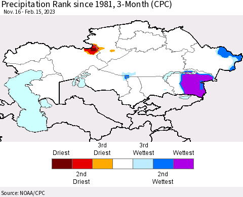 Kazakhstan Precipitation Rank since 1981, 3-Month (CPC) Thematic Map For 11/16/2022 - 2/15/2023