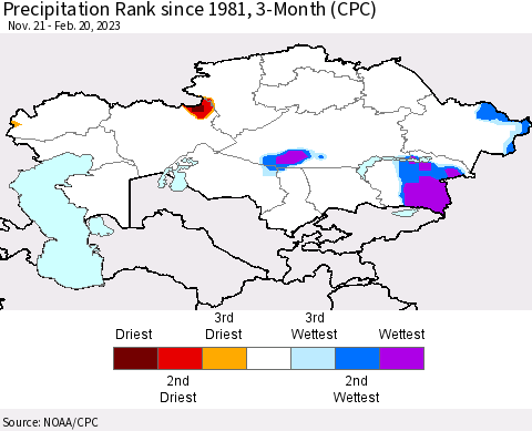 Kazakhstan Precipitation Rank since 1981, 3-Month (CPC) Thematic Map For 11/21/2022 - 2/20/2023