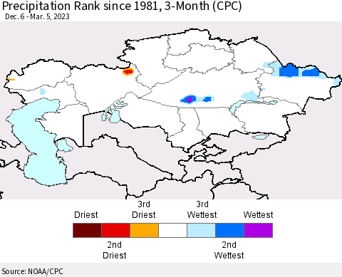 Kazakhstan Precipitation Rank since 1981, 3-Month (CPC) Thematic Map For 12/6/2022 - 3/5/2023