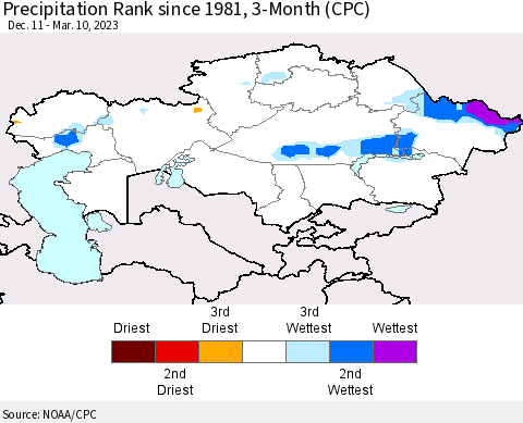 Kazakhstan Precipitation Rank since 1981, 3-Month (CPC) Thematic Map For 12/11/2022 - 3/10/2023