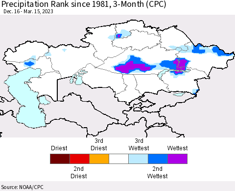 Kazakhstan Precipitation Rank since 1981, 3-Month (CPC) Thematic Map For 12/16/2022 - 3/15/2023