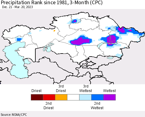 Kazakhstan Precipitation Rank since 1981, 3-Month (CPC) Thematic Map For 12/21/2022 - 3/20/2023