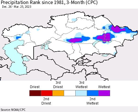 Kazakhstan Precipitation Rank since 1981, 3-Month (CPC) Thematic Map For 12/26/2022 - 3/25/2023