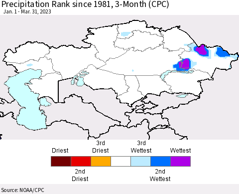 Kazakhstan Precipitation Rank since 1981, 3-Month (CPC) Thematic Map For 1/1/2023 - 3/31/2023