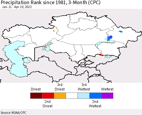 Kazakhstan Precipitation Rank since 1981, 3-Month (CPC) Thematic Map For 1/11/2023 - 4/10/2023