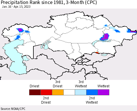 Kazakhstan Precipitation Rank since 1981, 3-Month (CPC) Thematic Map For 1/16/2023 - 4/15/2023