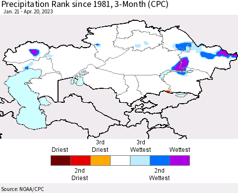 Kazakhstan Precipitation Rank since 1981, 3-Month (CPC) Thematic Map For 1/21/2023 - 4/20/2023