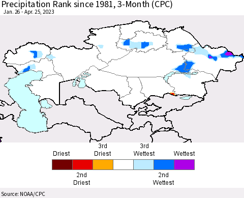 Kazakhstan Precipitation Rank since 1981, 3-Month (CPC) Thematic Map For 1/26/2023 - 4/25/2023