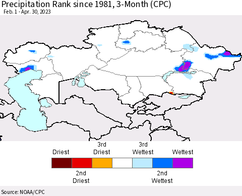 Kazakhstan Precipitation Rank since 1981, 3-Month (CPC) Thematic Map For 2/1/2023 - 4/30/2023