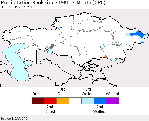 Kazakhstan Precipitation Rank since 1981, 3-Month (CPC) Thematic Map For 2/16/2023 - 5/15/2023