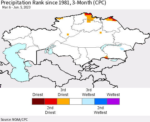 Kazakhstan Precipitation Rank since 1981, 3-Month (CPC) Thematic Map For 3/6/2023 - 6/5/2023