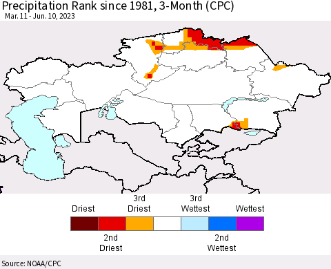 Kazakhstan Precipitation Rank since 1981, 3-Month (CPC) Thematic Map For 3/11/2023 - 6/10/2023