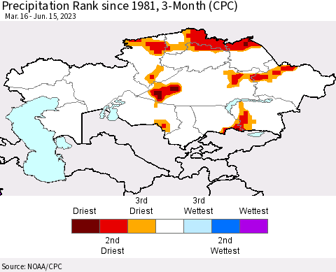 Kazakhstan Precipitation Rank since 1981, 3-Month (CPC) Thematic Map For 3/16/2023 - 6/15/2023
