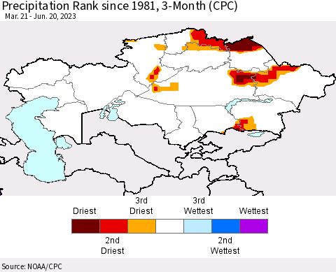 Kazakhstan Precipitation Rank since 1981, 3-Month (CPC) Thematic Map For 3/21/2023 - 6/20/2023