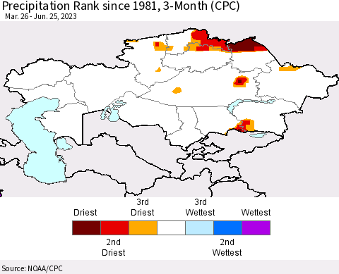 Kazakhstan Precipitation Rank since 1981, 3-Month (CPC) Thematic Map For 3/26/2023 - 6/25/2023