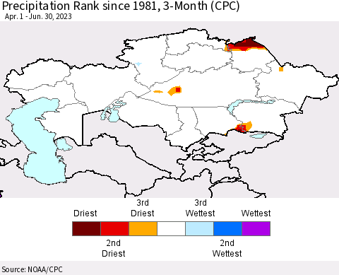Kazakhstan Precipitation Rank since 1981, 3-Month (CPC) Thematic Map For 4/1/2023 - 6/30/2023