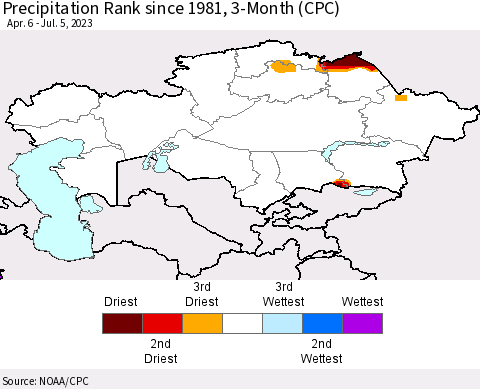 Kazakhstan Precipitation Rank since 1981, 3-Month (CPC) Thematic Map For 4/6/2023 - 7/5/2023