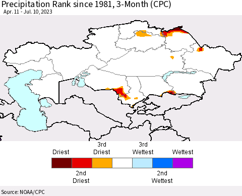 Kazakhstan Precipitation Rank since 1981, 3-Month (CPC) Thematic Map For 4/11/2023 - 7/10/2023