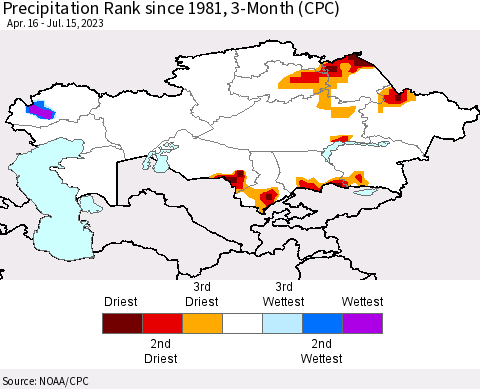 Kazakhstan Precipitation Rank since 1981, 3-Month (CPC) Thematic Map For 4/16/2023 - 7/15/2023