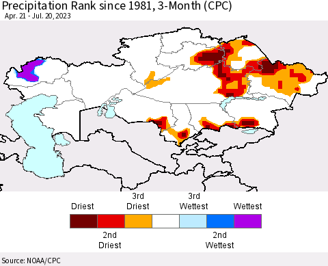 Kazakhstan Precipitation Rank since 1981, 3-Month (CPC) Thematic Map For 4/21/2023 - 7/20/2023