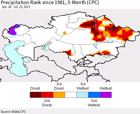 Kazakhstan Precipitation Rank since 1981, 3-Month (CPC) Thematic Map For 4/26/2023 - 7/25/2023
