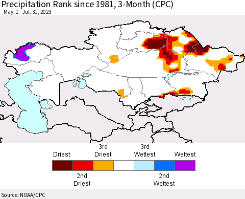 Kazakhstan Precipitation Rank since 1981, 3-Month (CPC) Thematic Map For 5/1/2023 - 7/31/2023