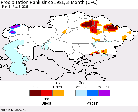 Kazakhstan Precipitation Rank since 1981, 3-Month (CPC) Thematic Map For 5/6/2023 - 8/5/2023