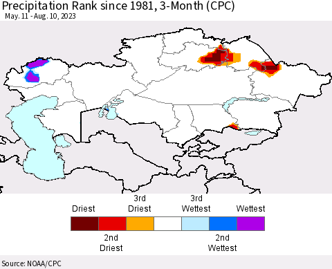 Kazakhstan Precipitation Rank since 1981, 3-Month (CPC) Thematic Map For 5/11/2023 - 8/10/2023