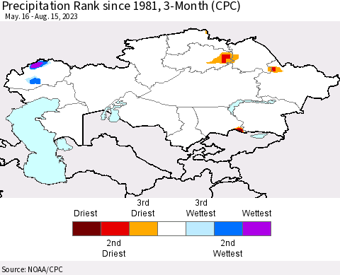 Kazakhstan Precipitation Rank since 1981, 3-Month (CPC) Thematic Map For 5/16/2023 - 8/15/2023