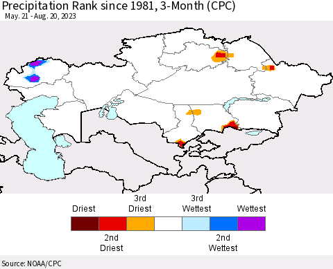 Kazakhstan Precipitation Rank since 1981, 3-Month (CPC) Thematic Map For 5/21/2023 - 8/20/2023