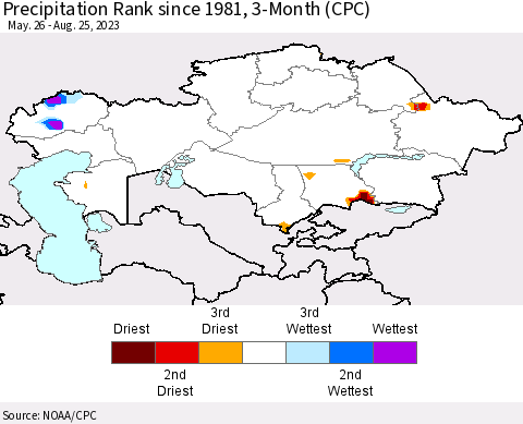 Kazakhstan Precipitation Rank since 1981, 3-Month (CPC) Thematic Map For 5/26/2023 - 8/25/2023